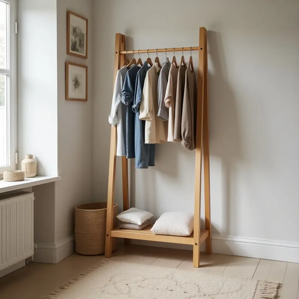 a photo of a wooden ladder used for hanging clothes in a teen&#x27;s room