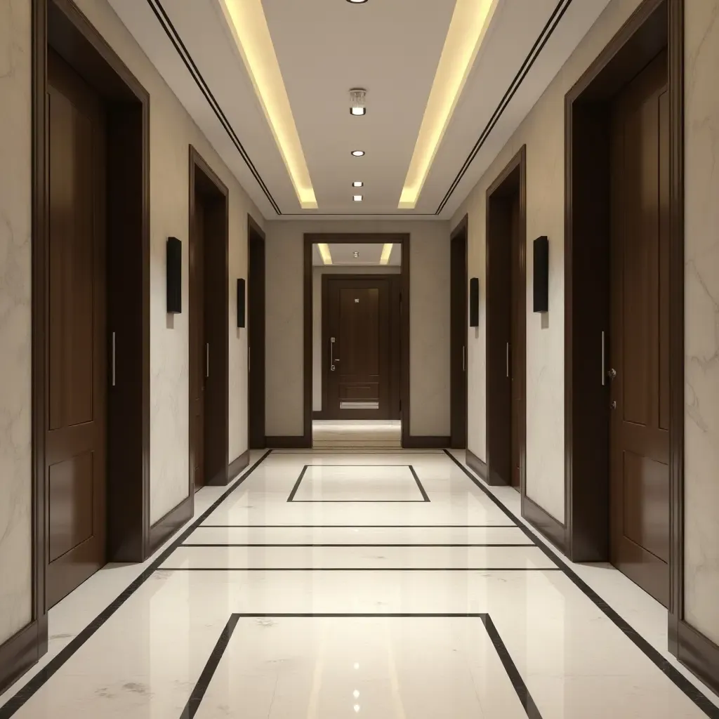 a photo of a contemporary entrance hall with geometric patterns and sleek lines