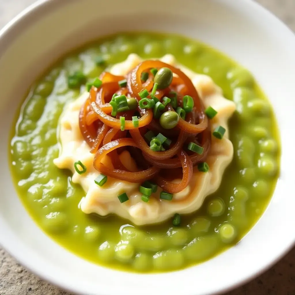 a photo of a colorful Greek fava bean puree topped with caramelized onions and capers.