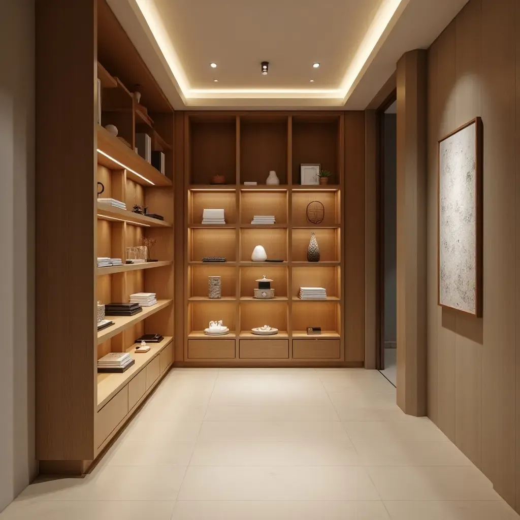 a photo of a wooden display shelf in a stylish corridor