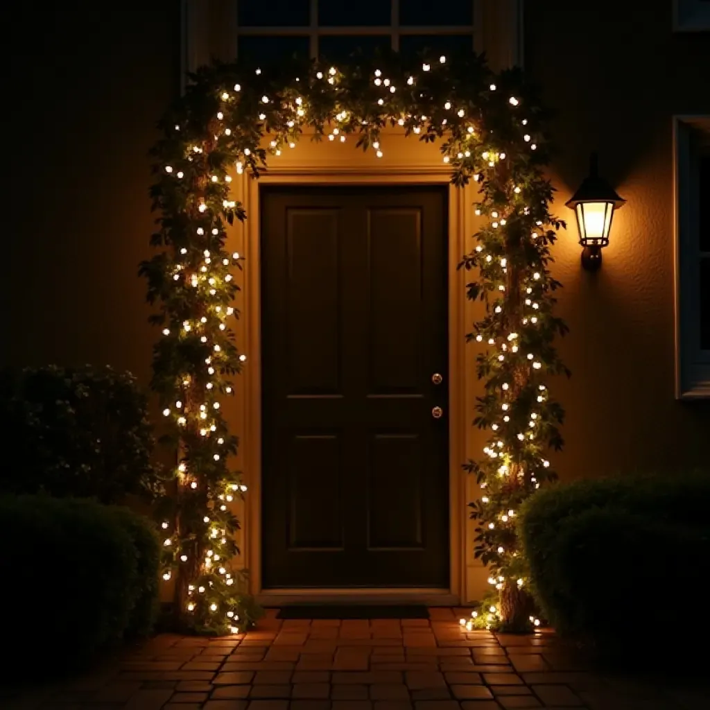 a photo of a cozy entrance with fairy lights intertwined with greenery