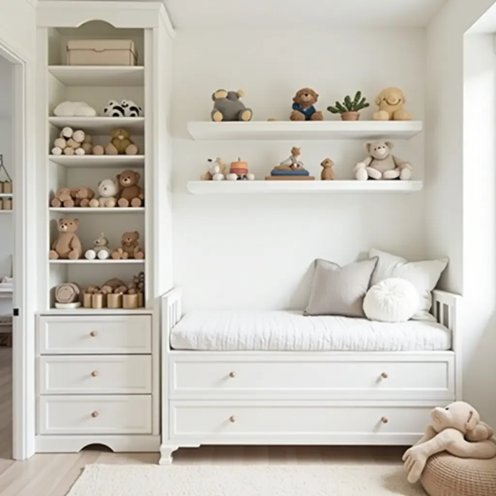 a photo of a clean, uncluttered nursery with open shelving and curated toys