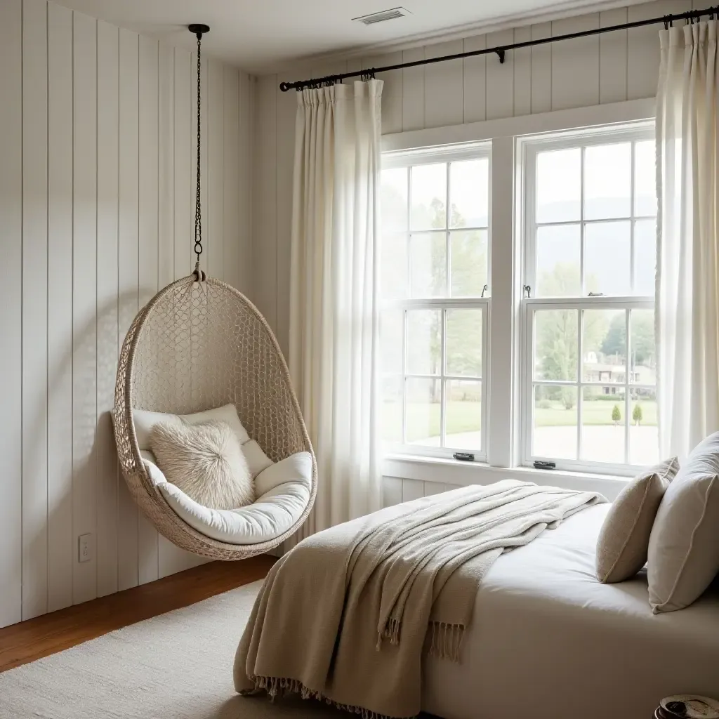 a photo of a cozy corner with a hammock chair in a farmhouse-inspired bedroom