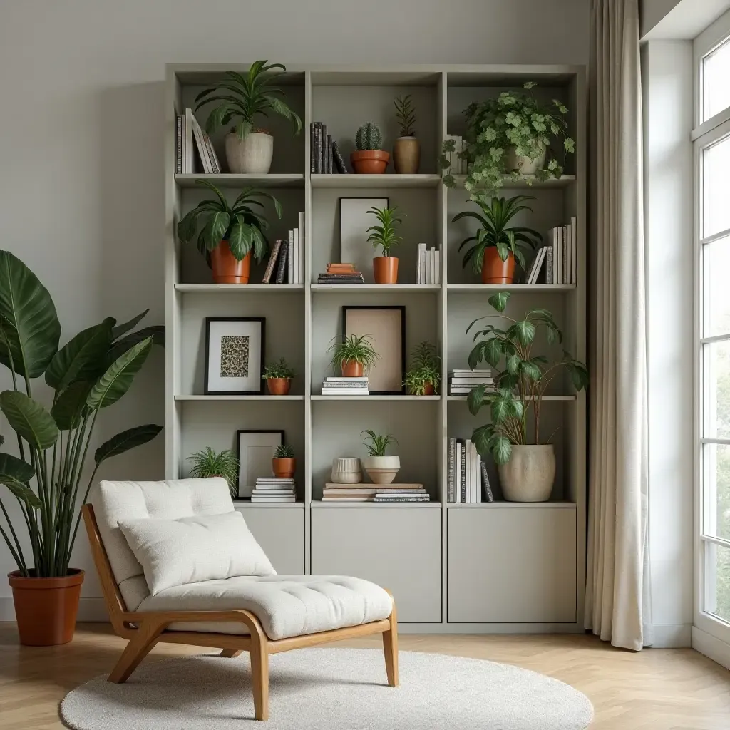 a photo of a stylish room with a plant-filled bookshelf