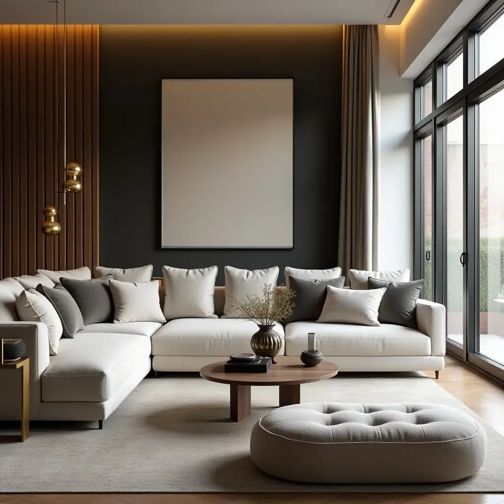 a photo of an elegant living room with brass accents and plush seating