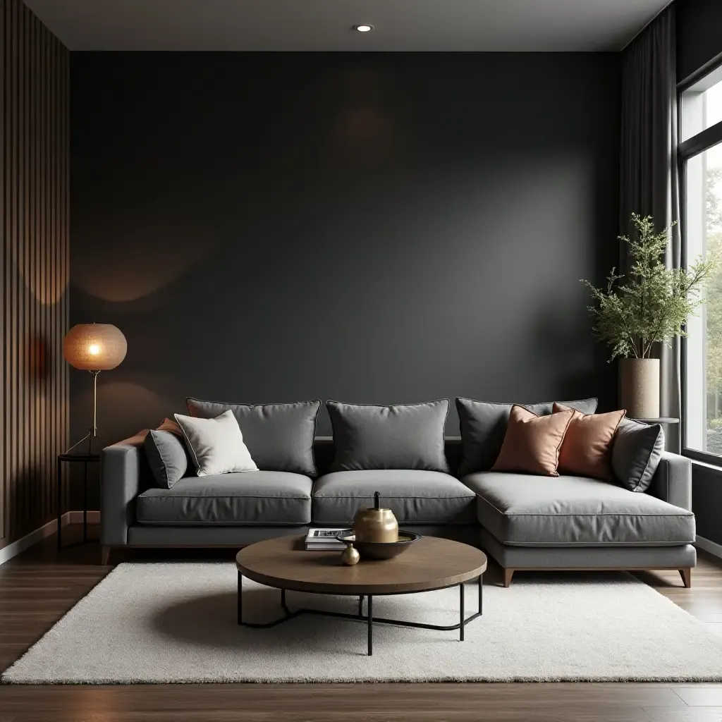 a photo of a chic dark grey living room with metallic accents and designer decor