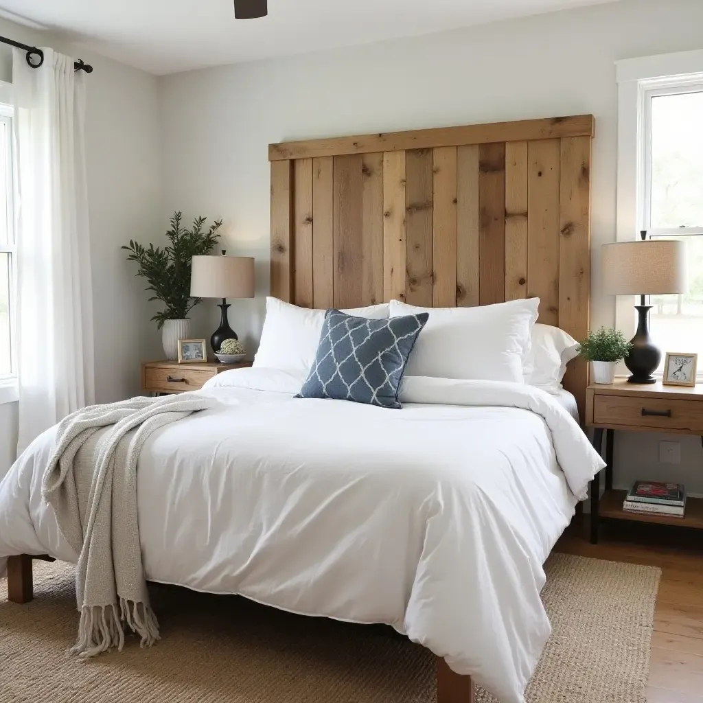 a photo of a farmhouse-style bedroom with a DIY headboard made from pallets