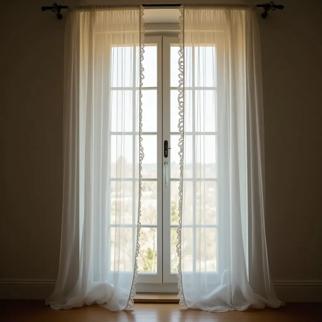 a photo of a delicate lace curtain framing a corridor window