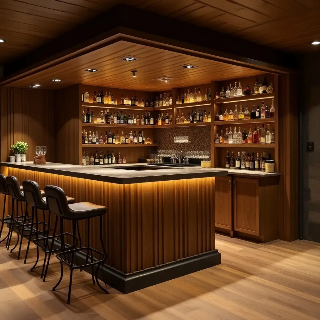 a photo of a wooden bar area in a stylish basement