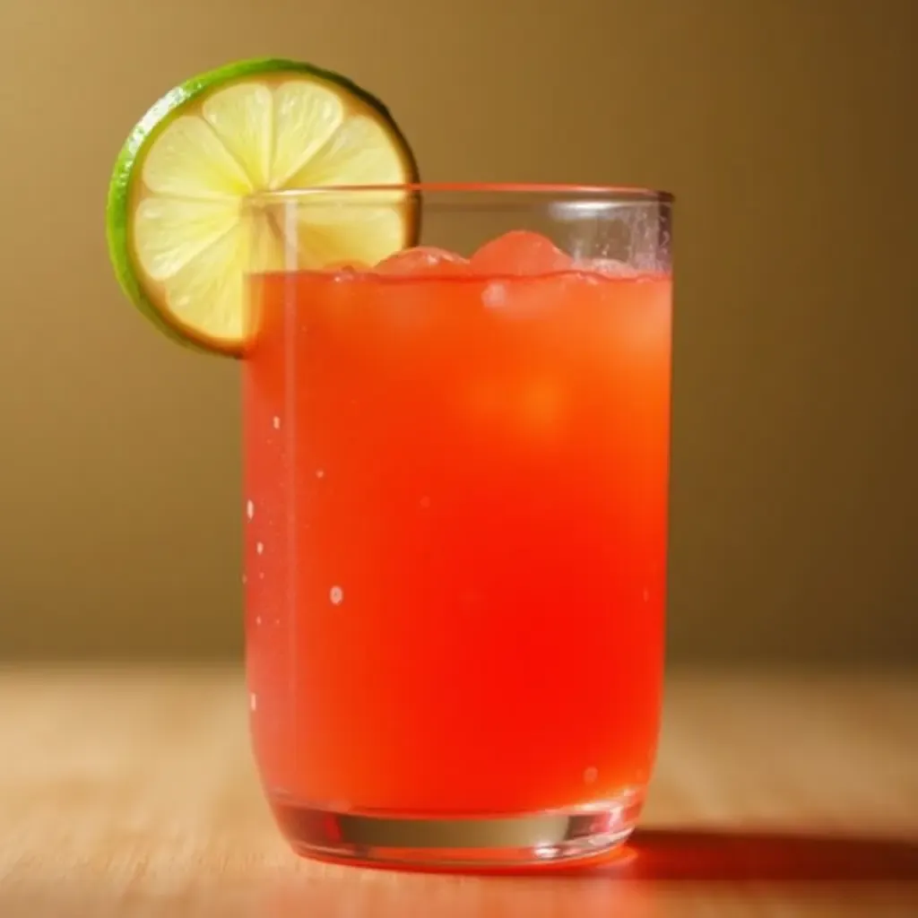 a photo of a vibrant glass of agua de tamarindo with a lime wedge.