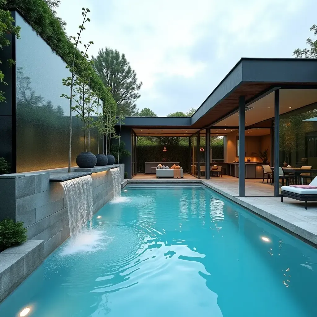 a photo of a modern pool area featuring a glass wall and water features