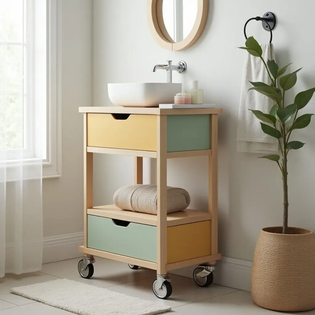 a photo of a colorful bathroom cart for extra storage