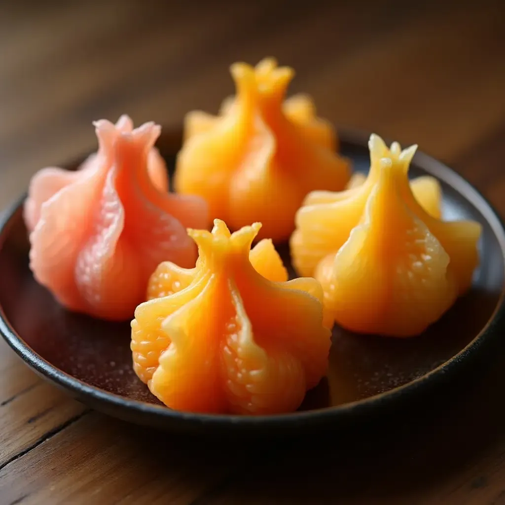 a photo of elegant Japanese wagashi sweets shaped like flowers, arranged on a lacquered tray.