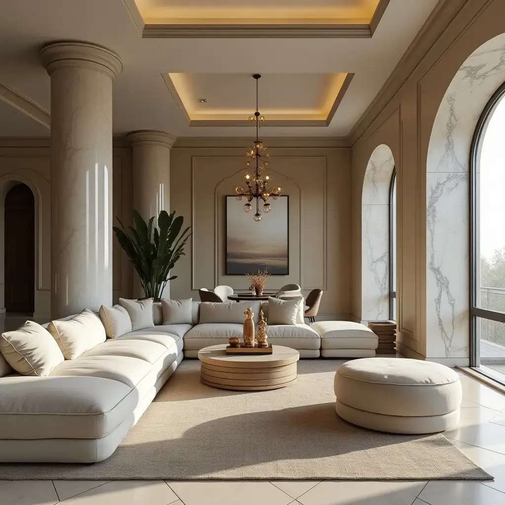 a photo of a spacious living room featuring marble pillars and plush seating arrangements