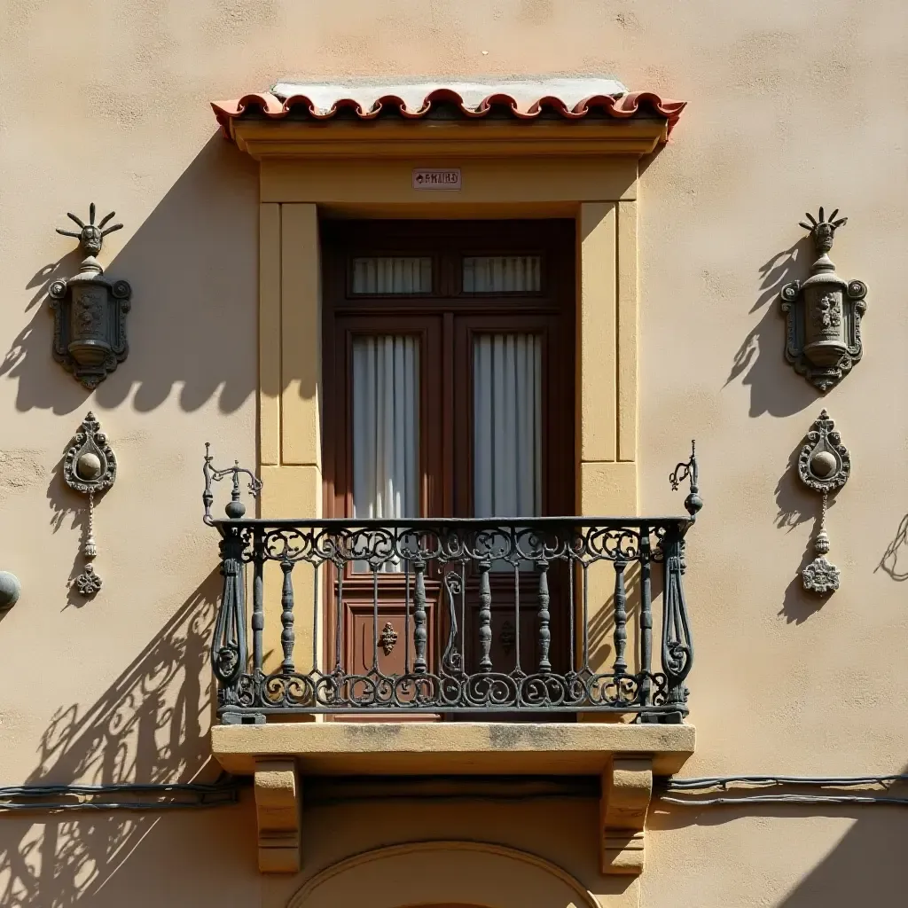 a photo of a balcony wall decorated with cultural artifacts