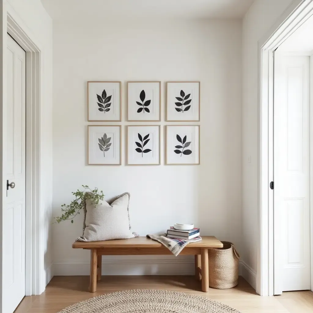 a photo of a Scandinavian-inspired entryway with a gallery wall of nature prints