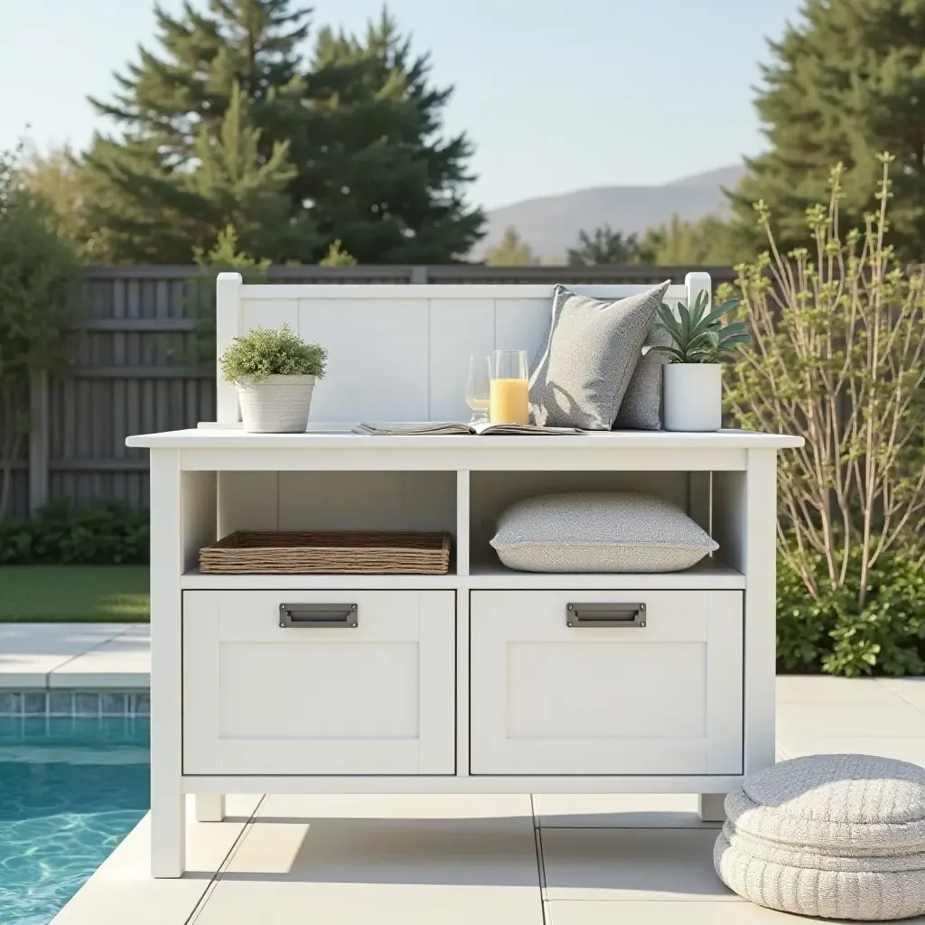 a photo of a functional yet stylish poolside storage solution