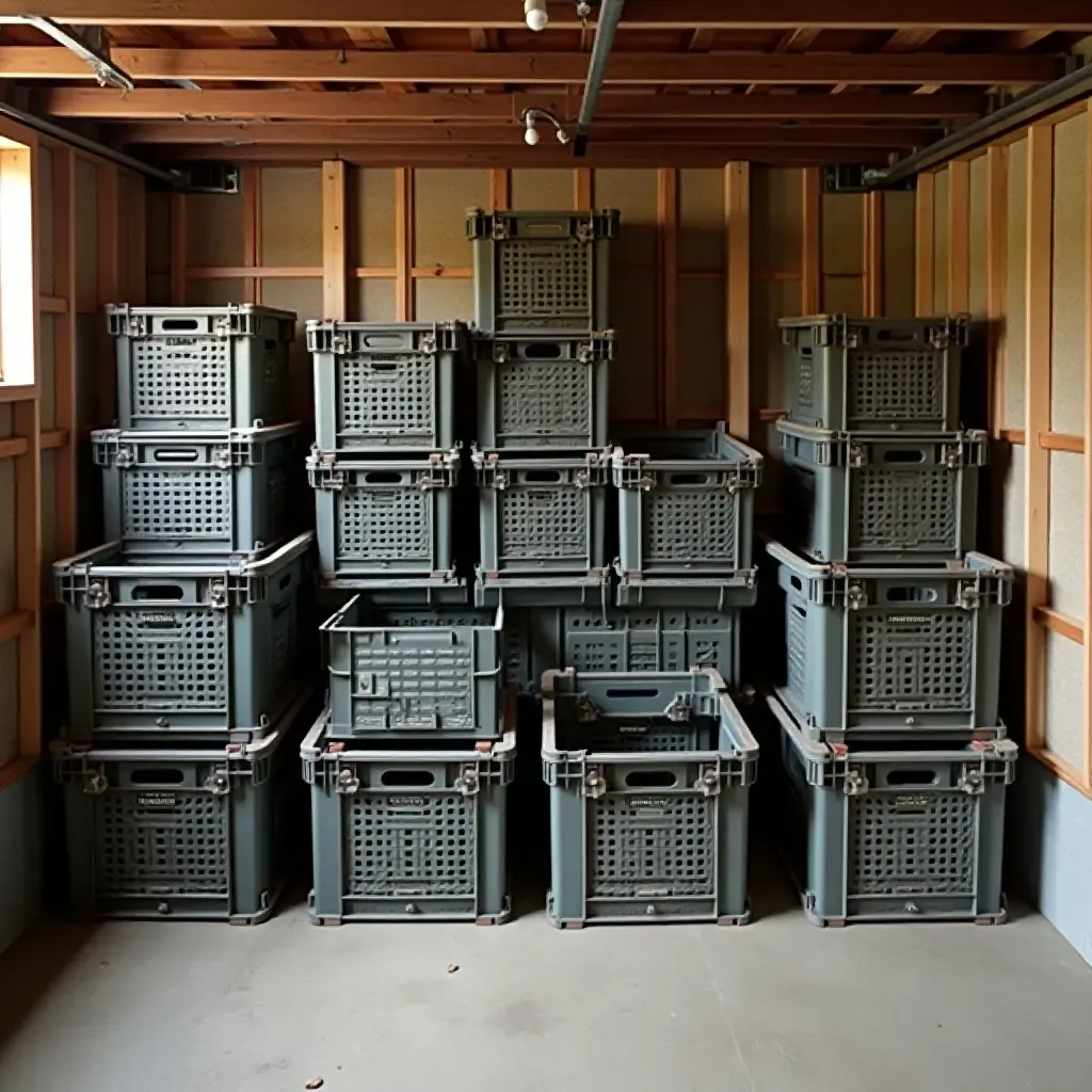 a photo of a basement storage area with metal crates and wooden shelves