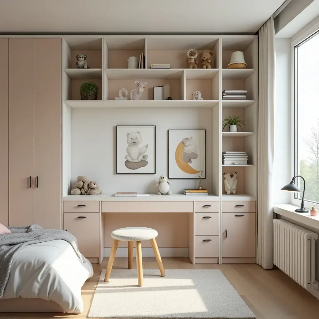 a photo of a stylish kids&#x27; bedroom with a desk area and organized storage solutions