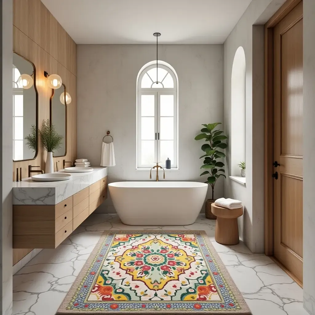 a photo of a colorful mosaic rug in a Mediterranean bathroom