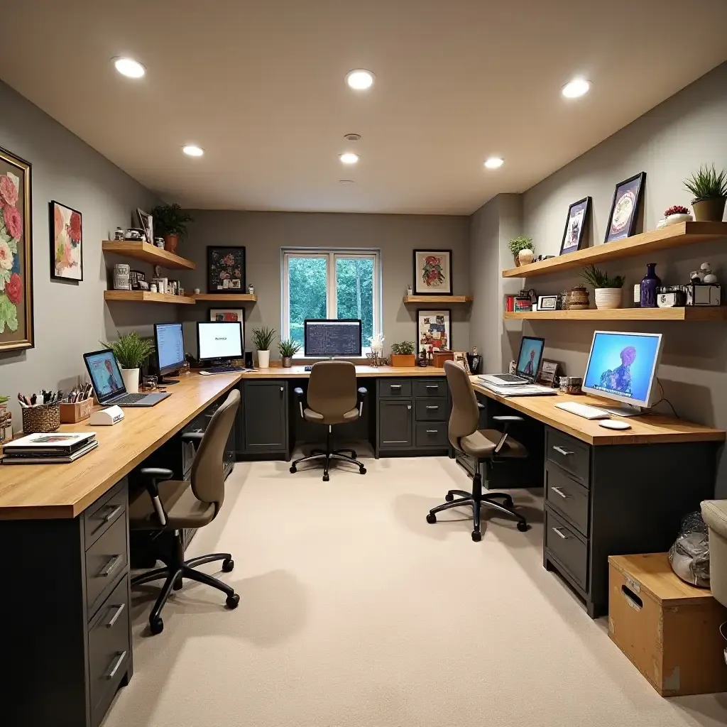 a photo of a basement craft room with organized supplies and flexible work areas