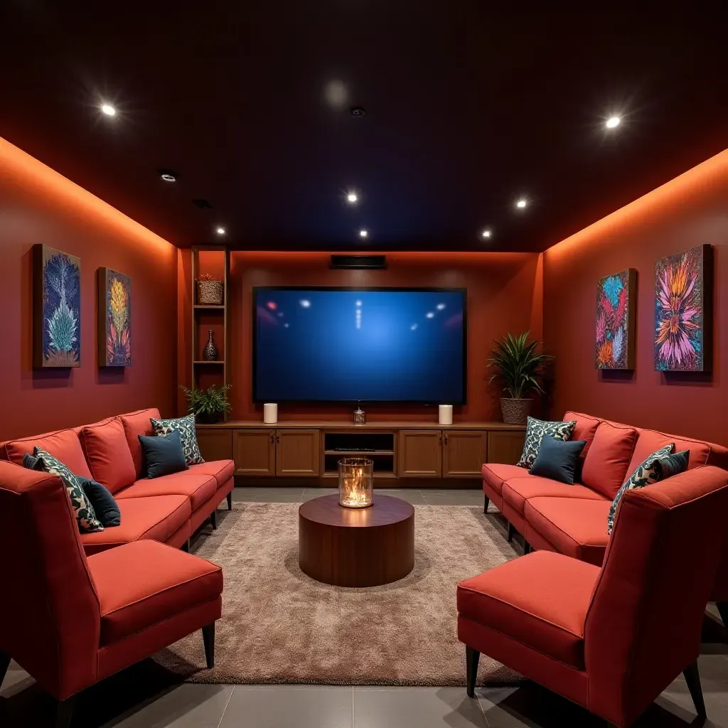 a photo of a basement gaming area with comfortable seating