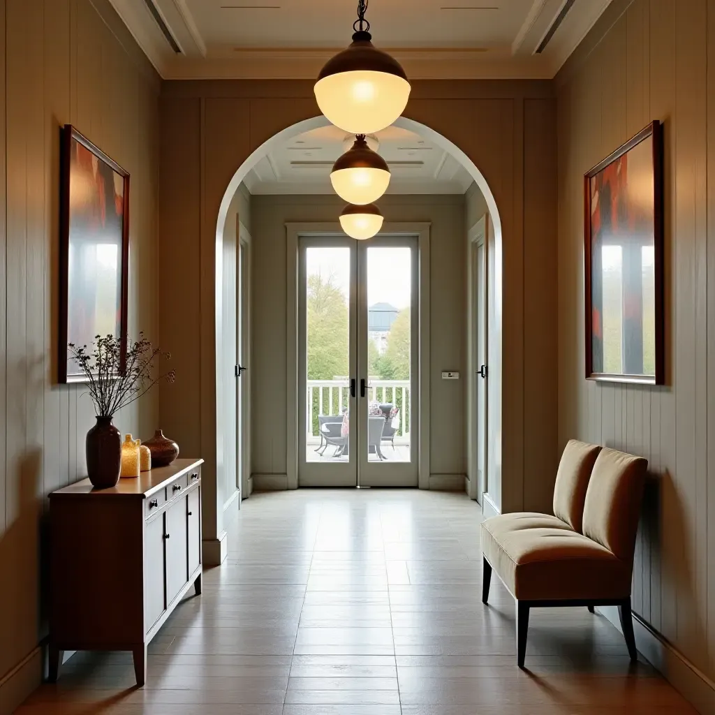 a photo of a vintage-inspired entrance hall with retro pendant lamps