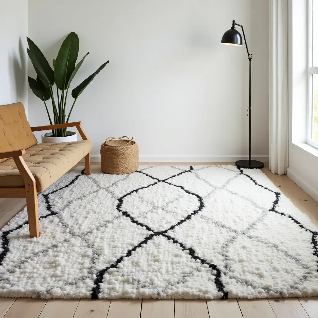 a photo of a chic, monochrome rug with a minimalist design