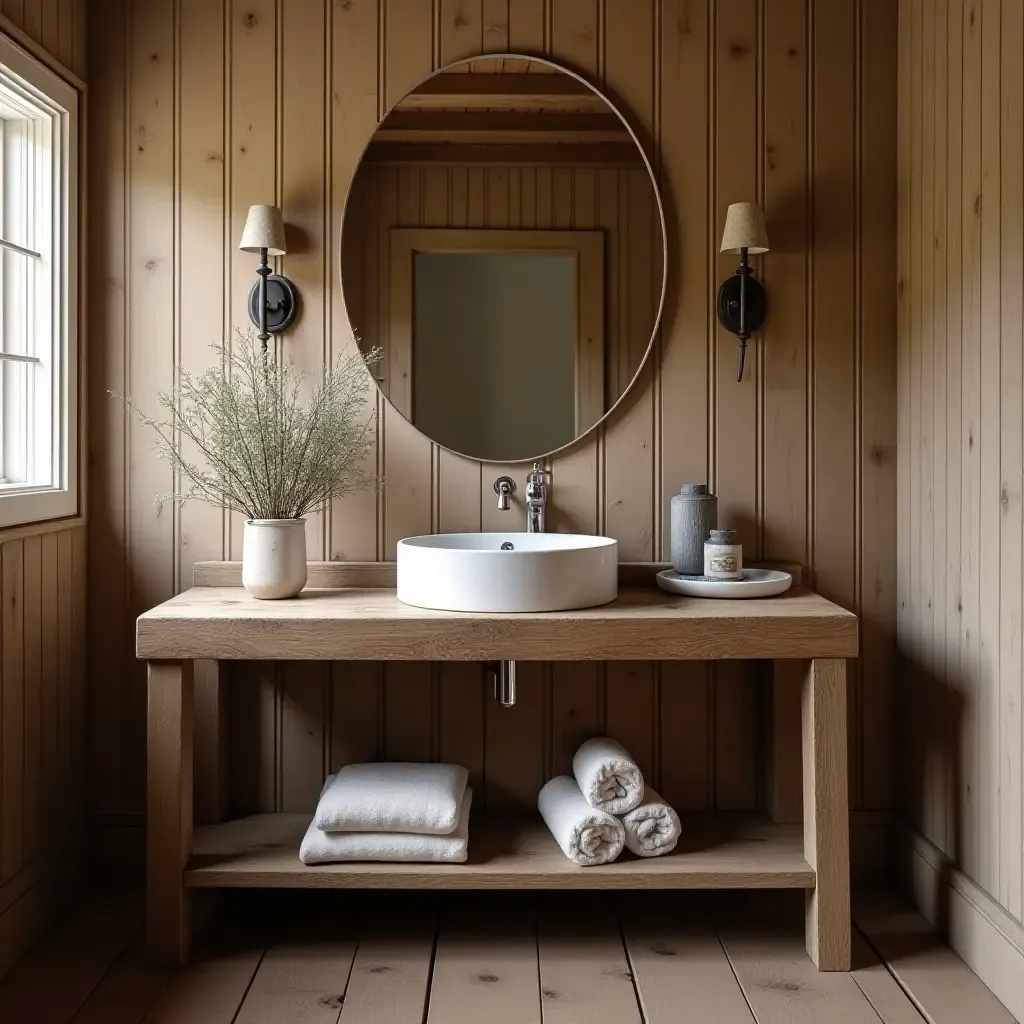 a photo of a wooden washstand with vintage decor in a rustic bathroom