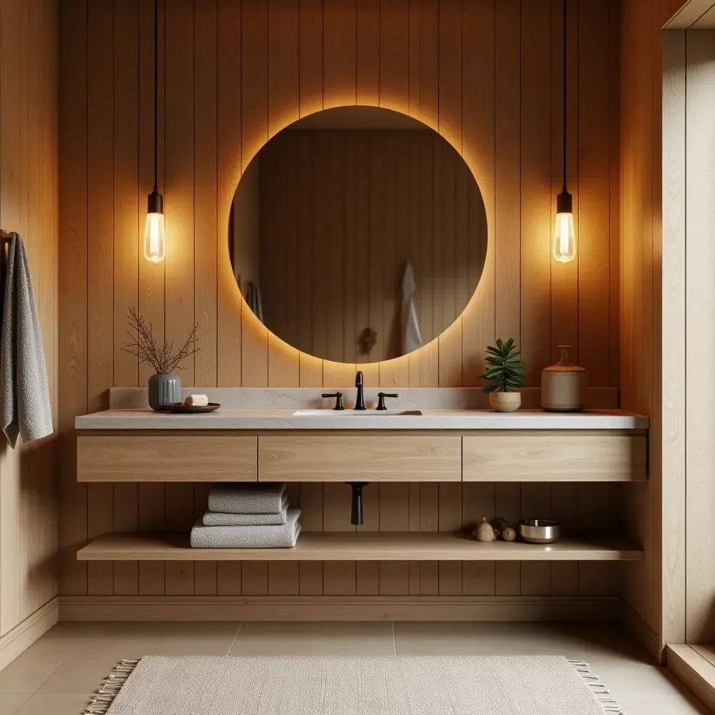 a photo of a cozy, rustic vanity area with natural materials and warm hues