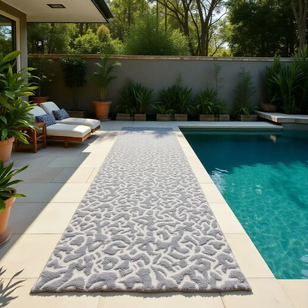 a photo of a stylish outdoor rug with plants around the pool