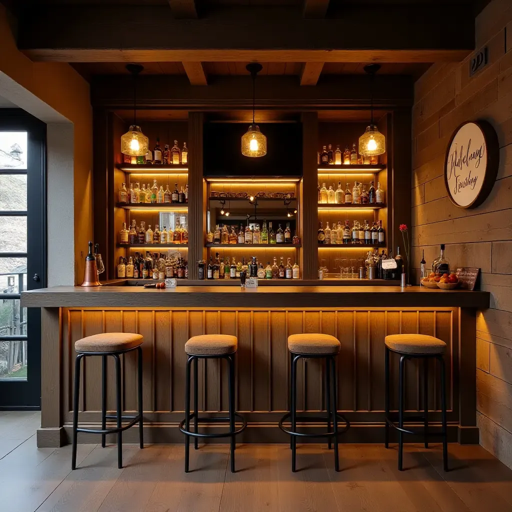 a photo of a rustic basement bar featuring reclaimed wood and industrial lighting