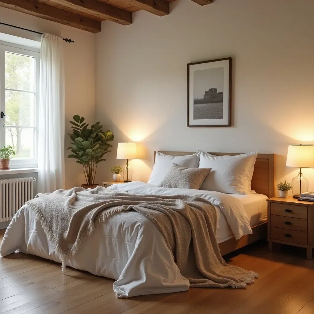 a photo of a cozy bedroom with wooden flooring and soft throws