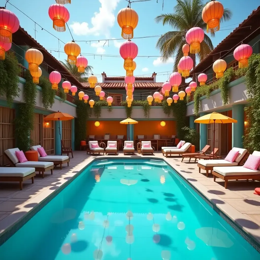 a photo of a playful pool area with colorful lanterns and whimsical decor