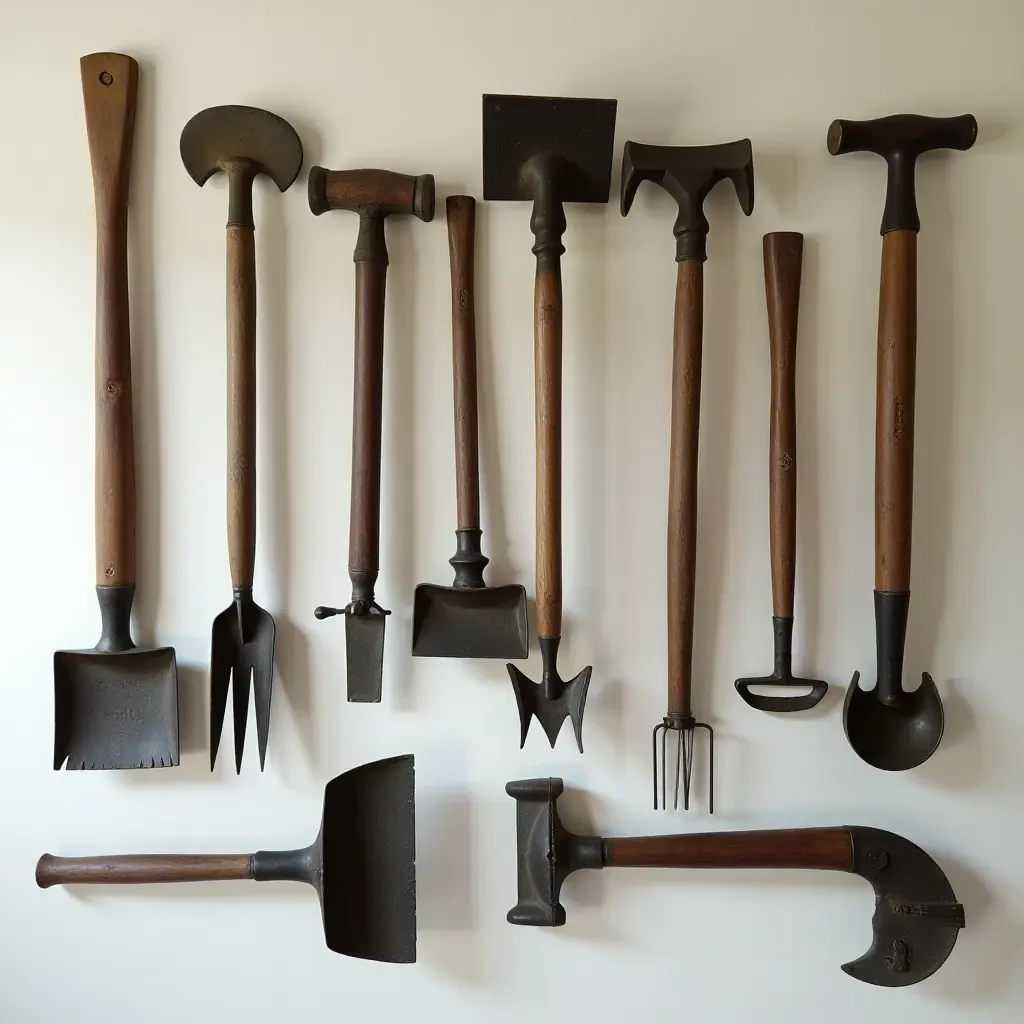 a photo of antique farm tools displayed as wall decor