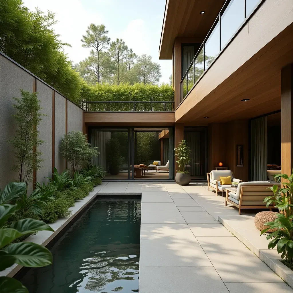 a photo of a balcony featuring a small water feature and seating