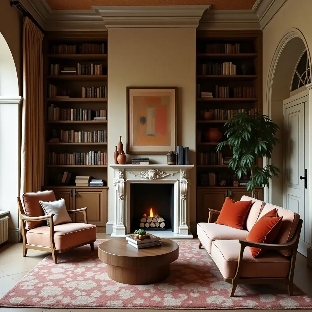 a photo of a Mediterranean-inspired library with a fireplace and comfortable seating