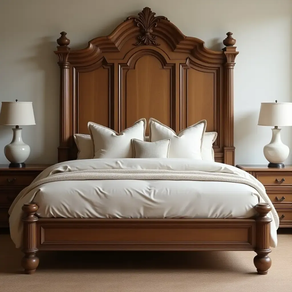 a photo of a wooden bed frame with intricate carvings and soft linens