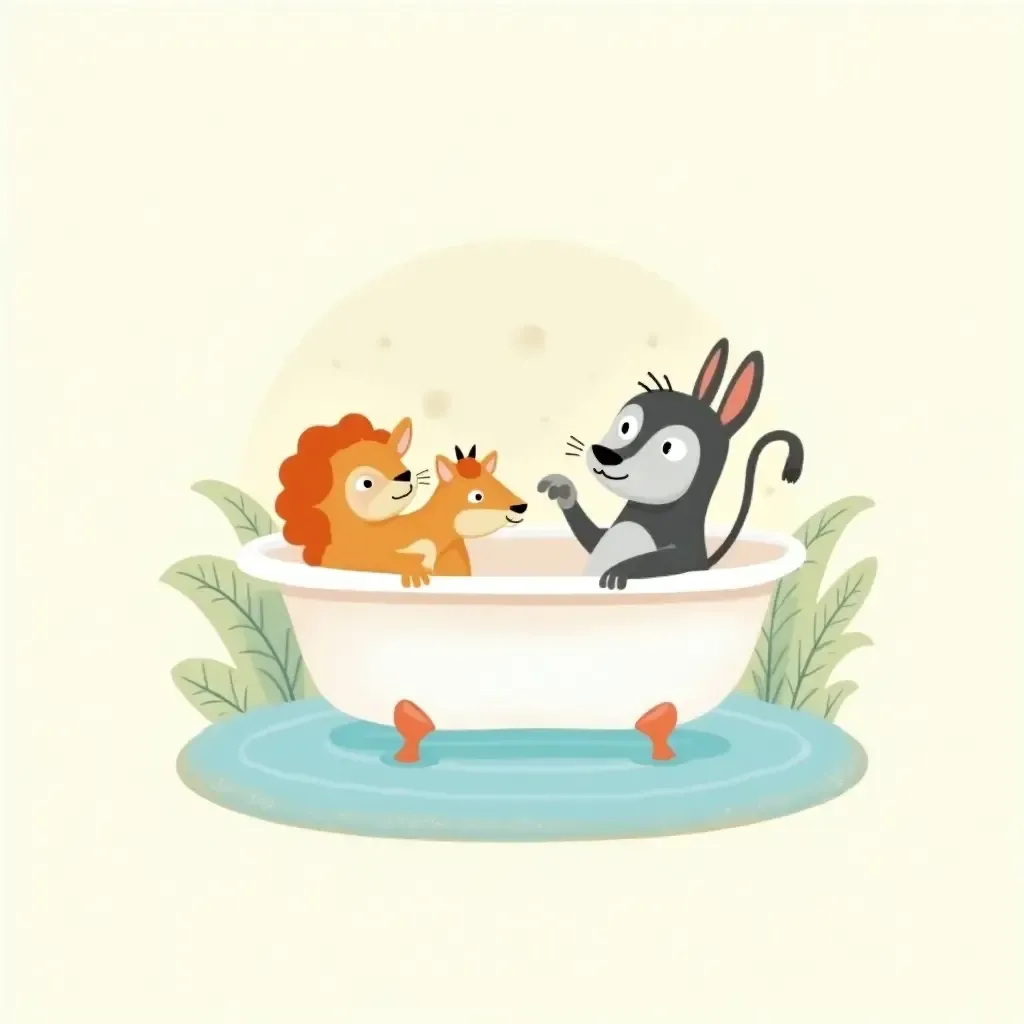 a photo of a whimsical animal illustration above a bathtub