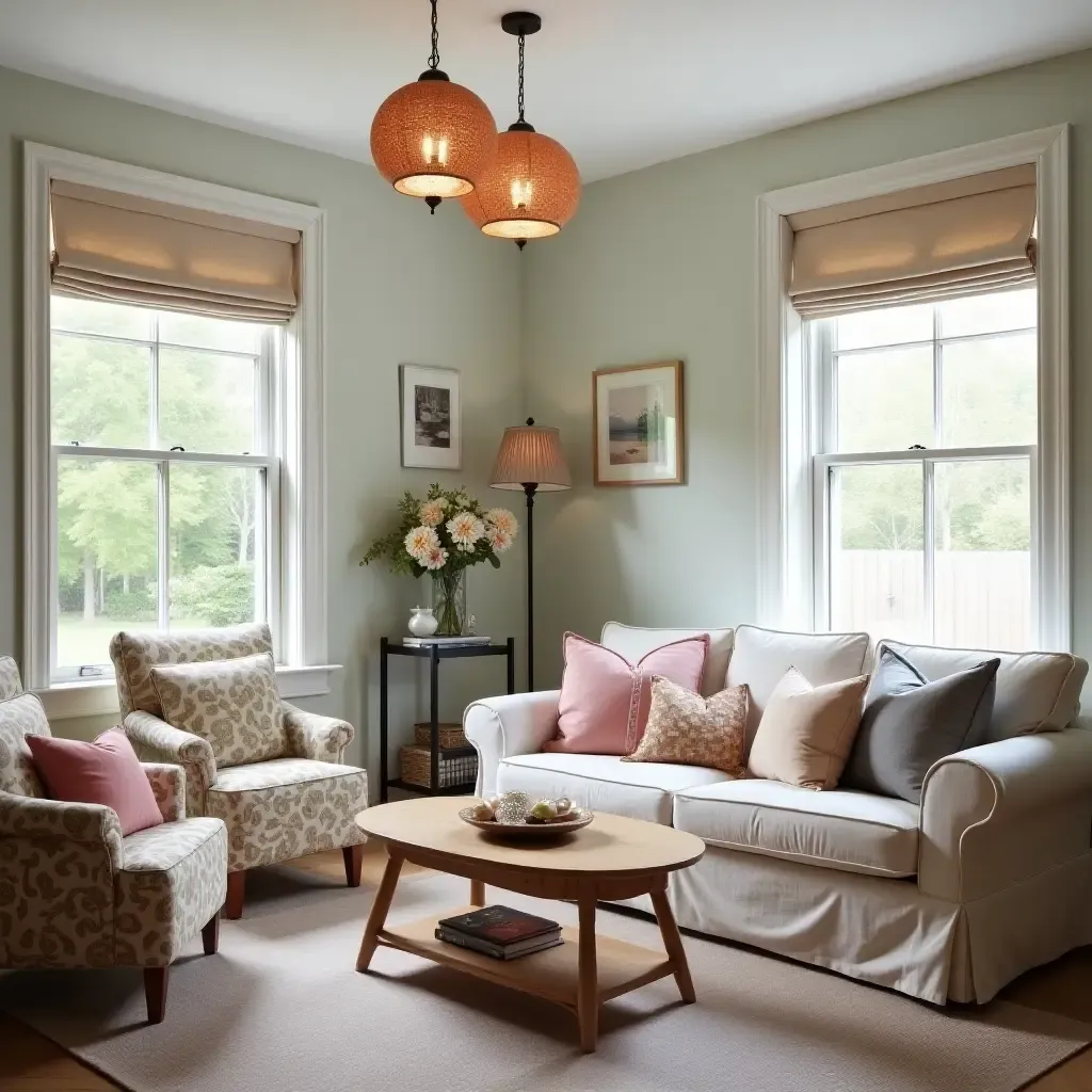 a photo of a charming cottage living room with whimsical pendant lights and floral accents