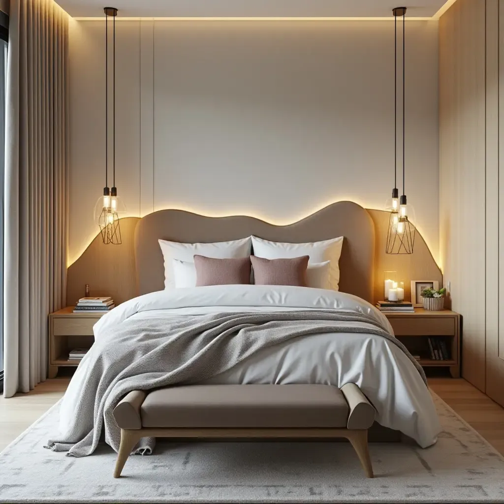 a photo of a bedroom featuring a unique headboard and contrasting bedding