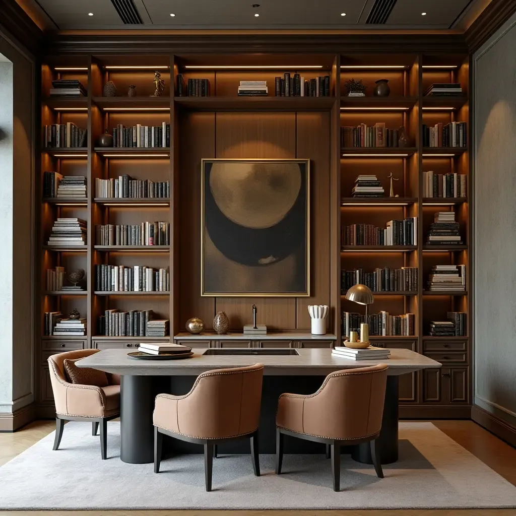 a photo of a stylish library featuring a unique coffee station and decor