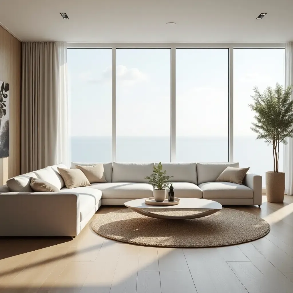 a photo of an open-concept living room with large windows and minimalist decor