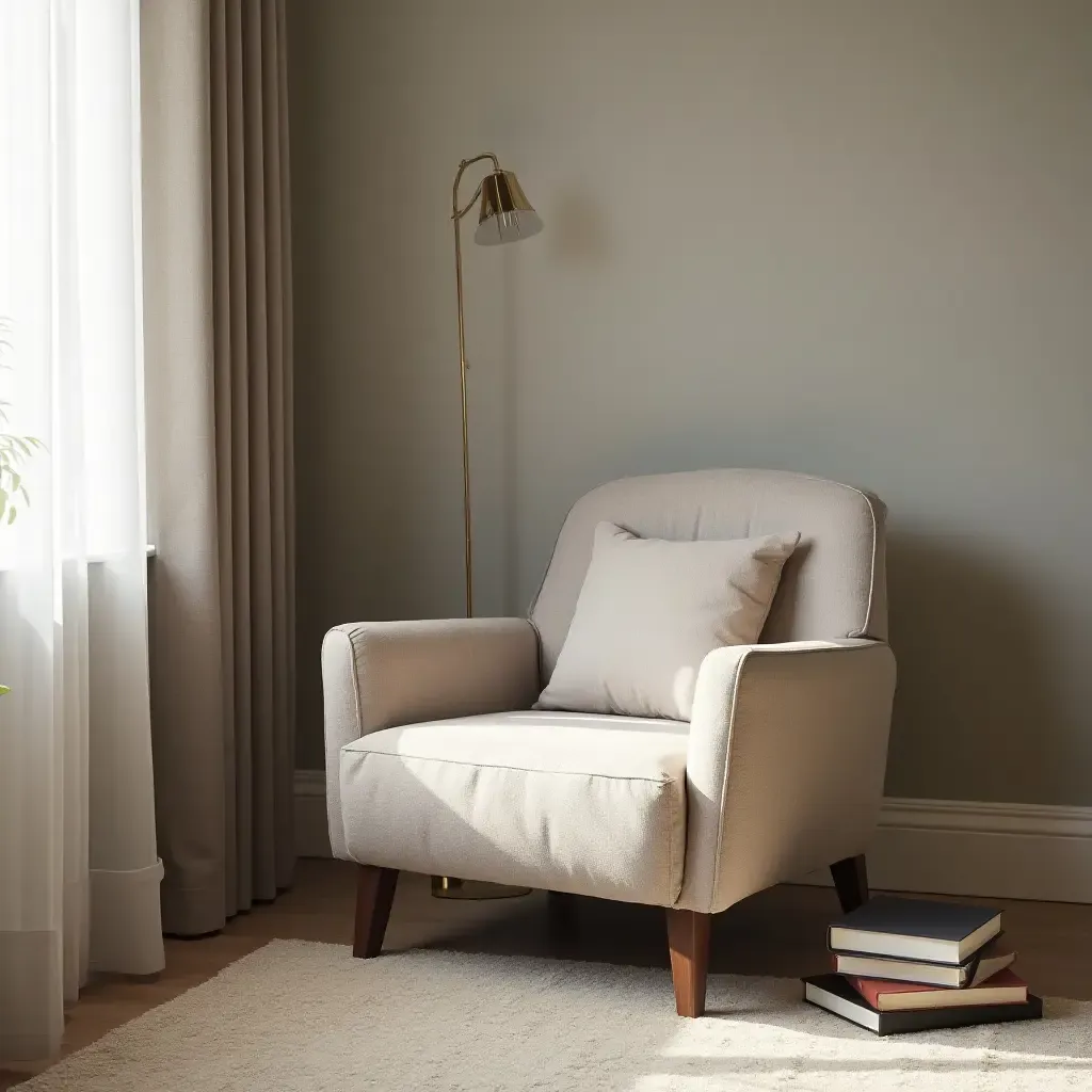 a photo of a bedroom corner with a soft armchair and a stack of books