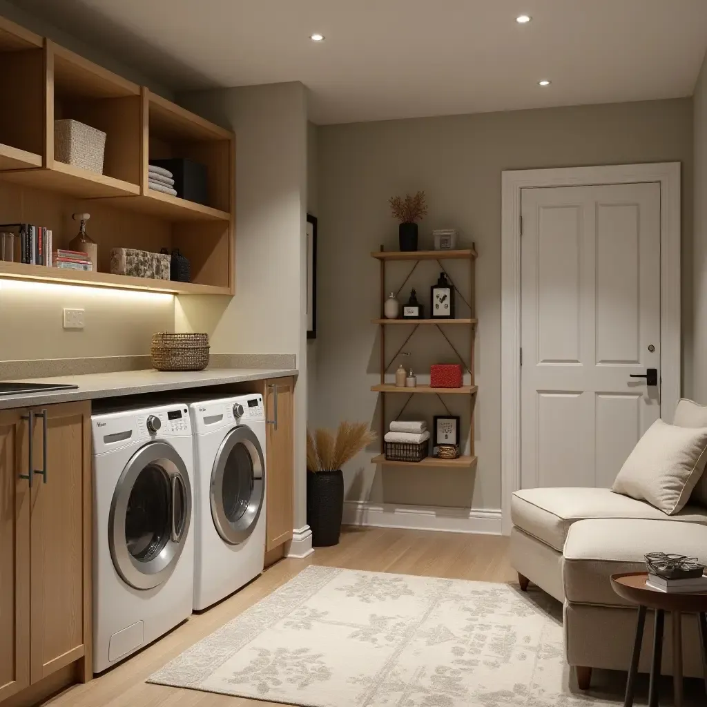 a photo of a basement with a stylish laundry area and storage