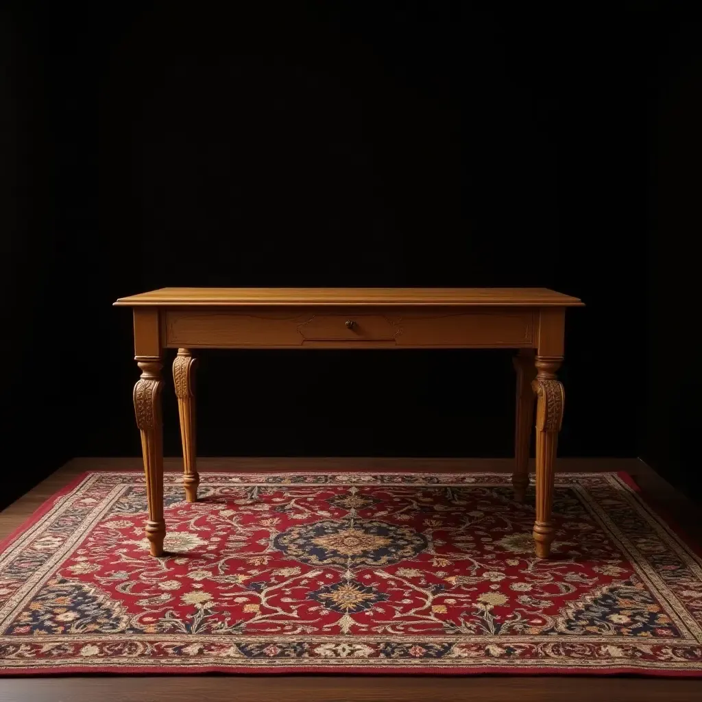 a photo of a classic Oriental rug under a wooden library table