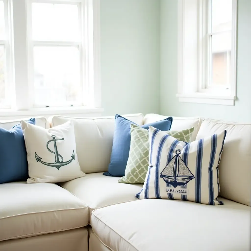 a photo of throw pillows with nautical themes in a beach-inspired room