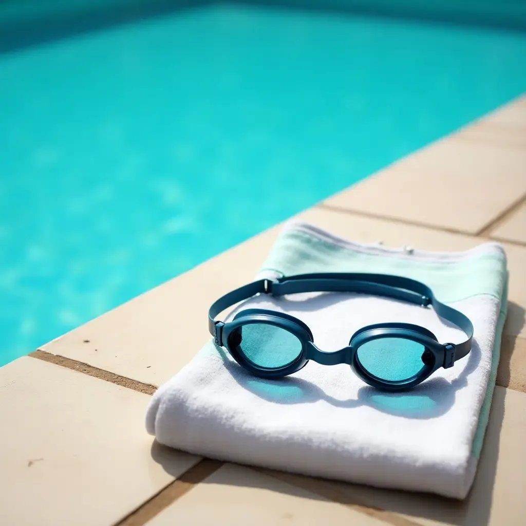 a photo of retro swimming goggles and towels laid out by the pool