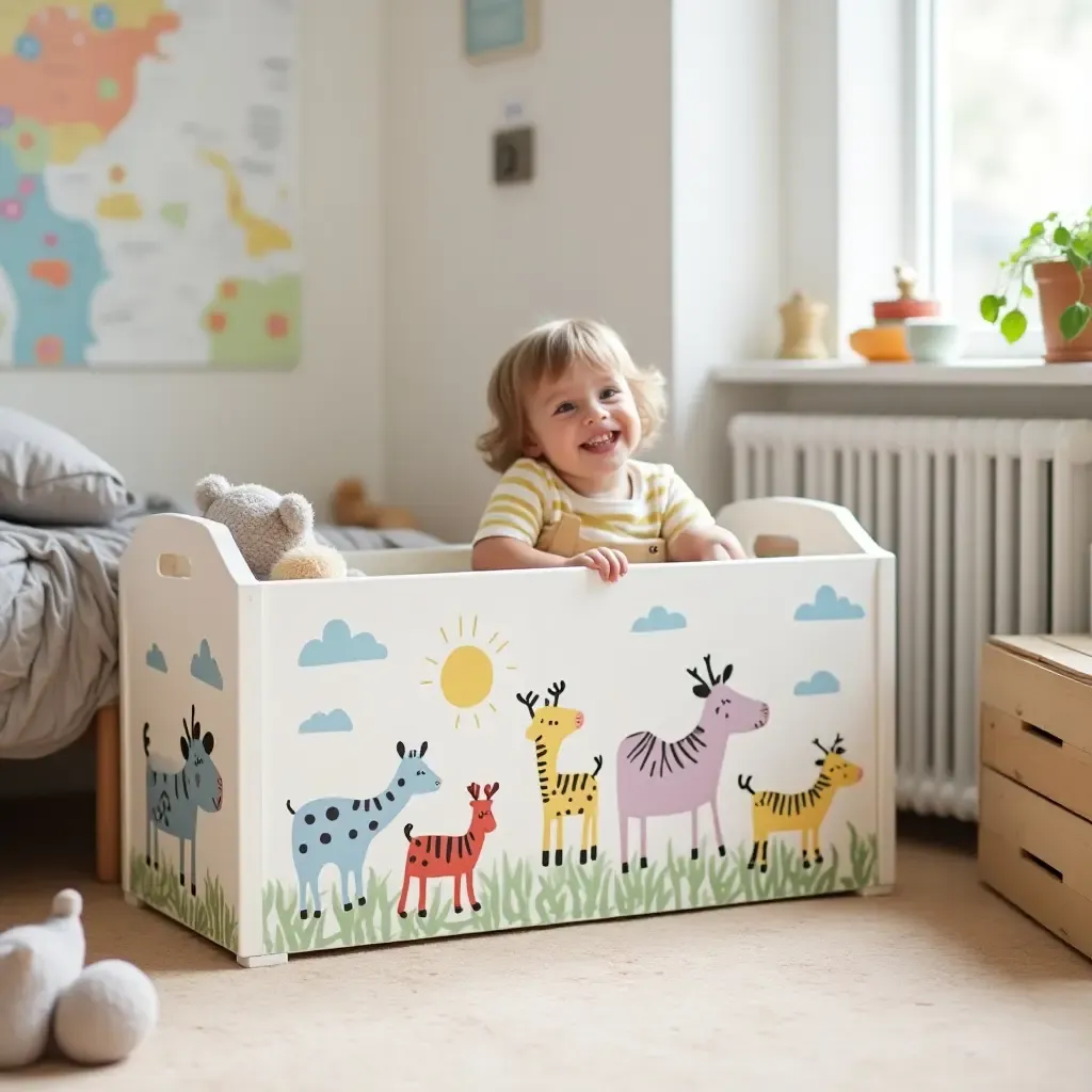 a photo of a hand-painted toy storage box in a playful room