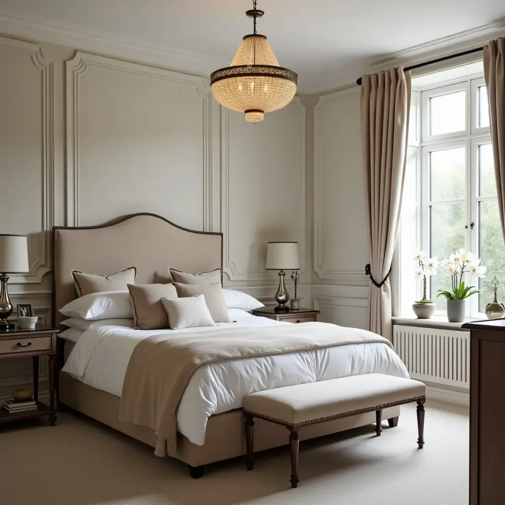 a photo of a chic bedroom with a statement chandelier and vintage decor